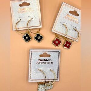 Fashion Accessories Gold Hoop Earrings with Red, Black and White Clover Charms